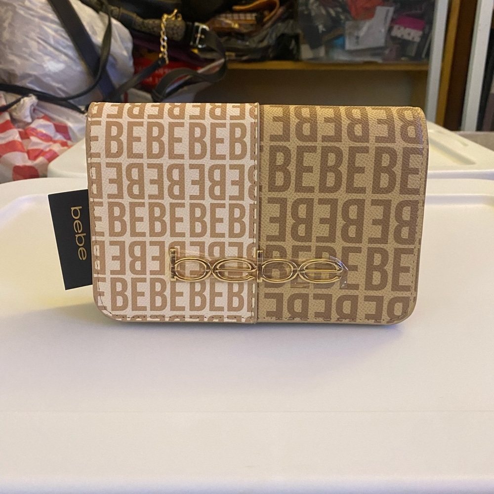 NWT Bebe Tan and Cream Monogram Crossbody With Flap Closure